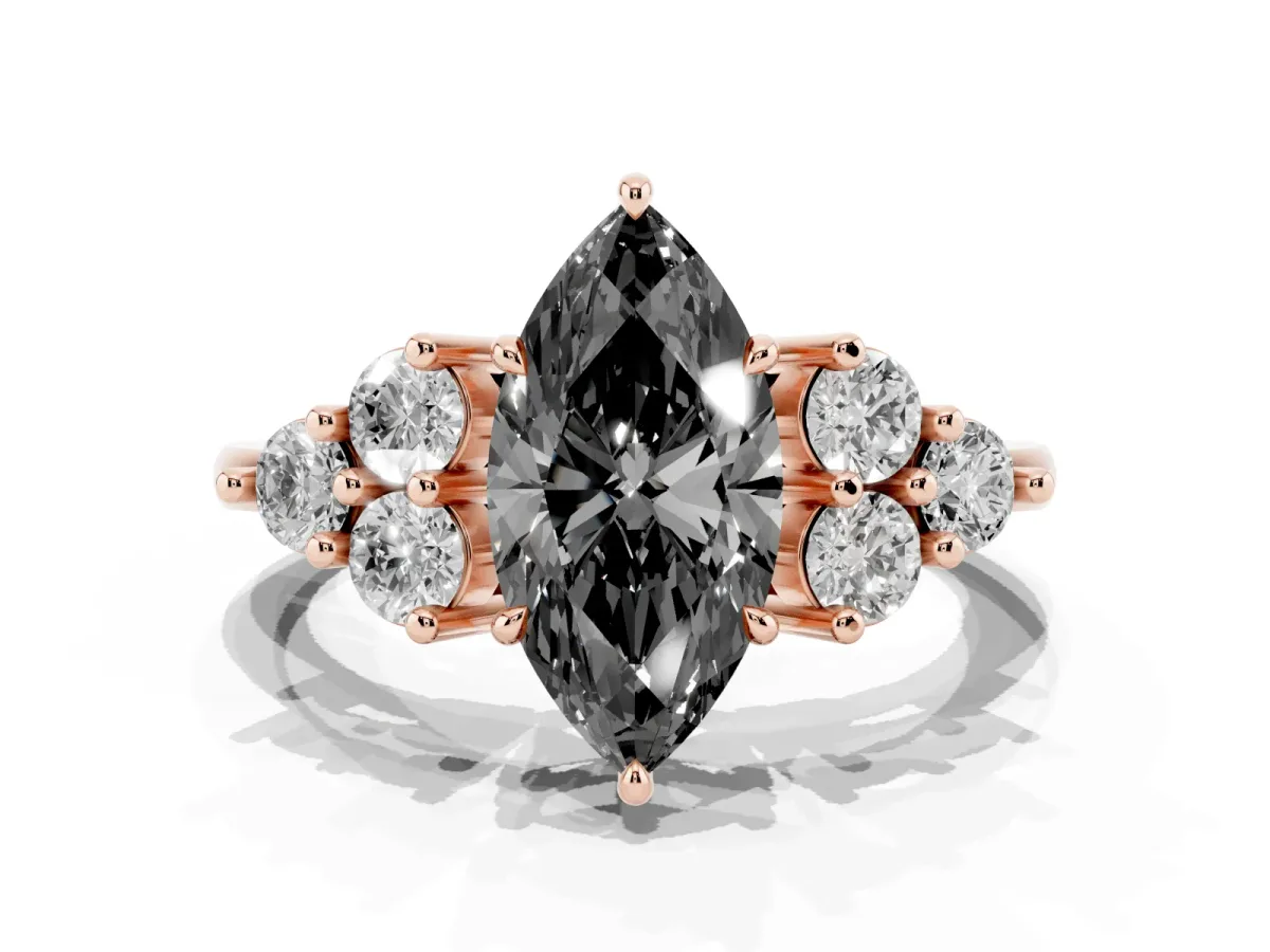 Fancy Black Marquise Cut Brilliant Diamond Cluster Accent Solitaire Ring with Prong Setting Rose gold
