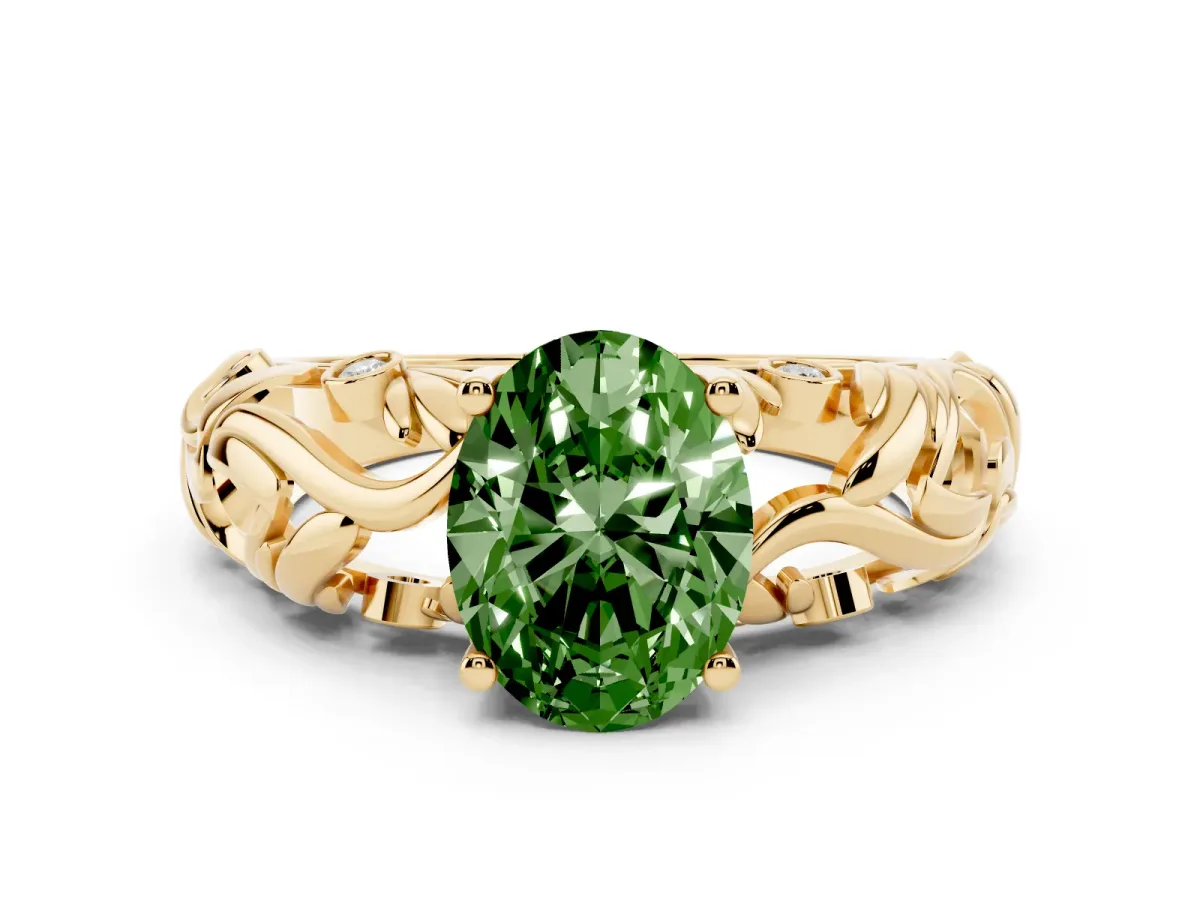 Fancy Green Oval Cut Solitaire Diamond Leaf-Inspired Vine Band Ring with Prong Setting Yellow gold
