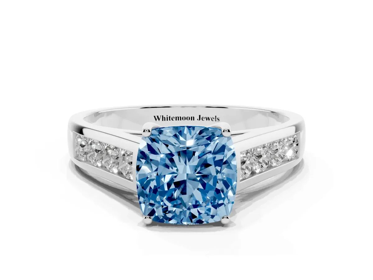 Fancy Blue Cushion Cut Solitaire Channel-Set Diamond Engagement Ring with Four-Prong Setting Platinum