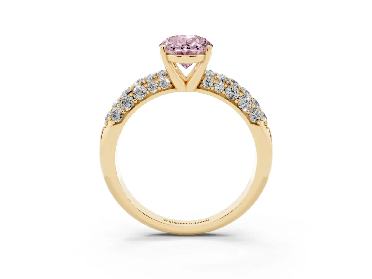 Fancy Pink Oval Cut Diamond Pavé Band Solitaire Ring with Four-Prong Setting Yellow gold