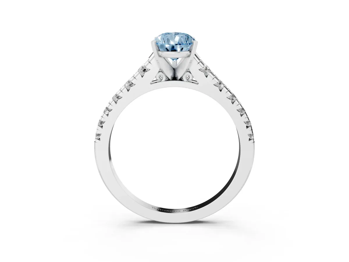 Fancy Blue Pear Cut Diamond Cathedral Solitaire Ring with Round Pavé Band Silver