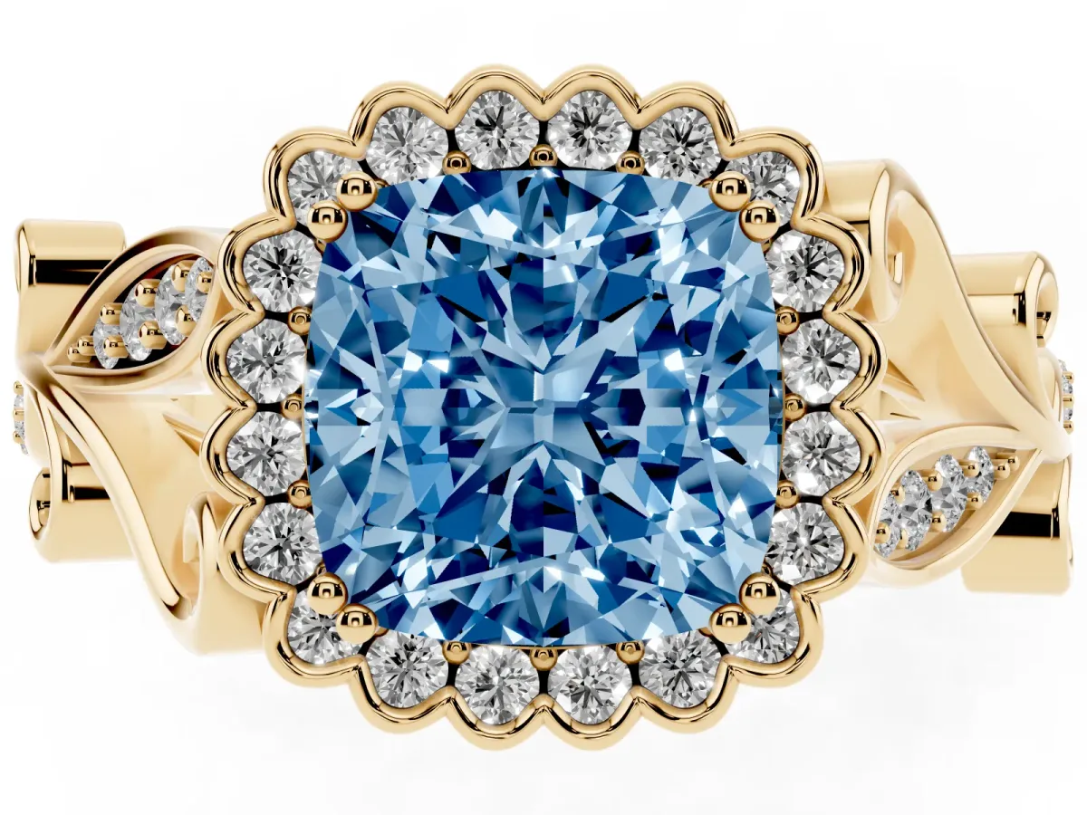 Fancy Blue Cushion Cut Diamond Halo Ring with Vintage Split Shank and Four-Prong Setting Yellow gold
