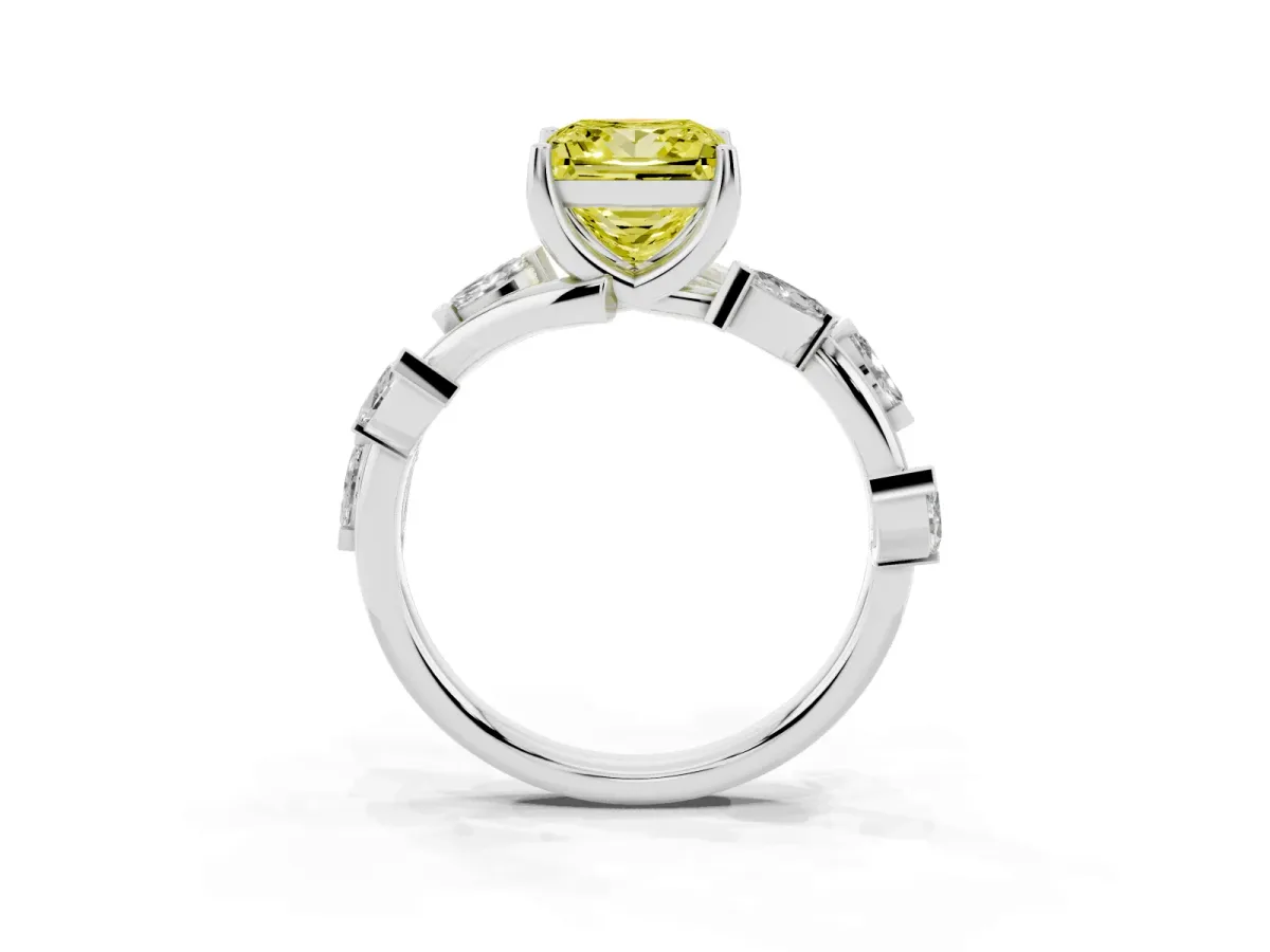 Fancy Yellow Princess Cut Solitaire Twisted Band Marquise Accent Prong Setting Ring Silver