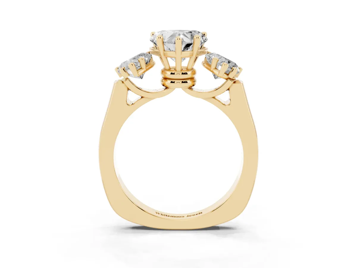 Three-Stone Heart Cut Brilliant Diamond Trellis Ring with Comfort Fit Band Yellow gold
