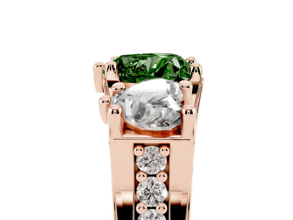 Fancy Green Heart Cut Diamond Three-Stone Ring with Channel Set Band and Four-Prong Setting Rose gold