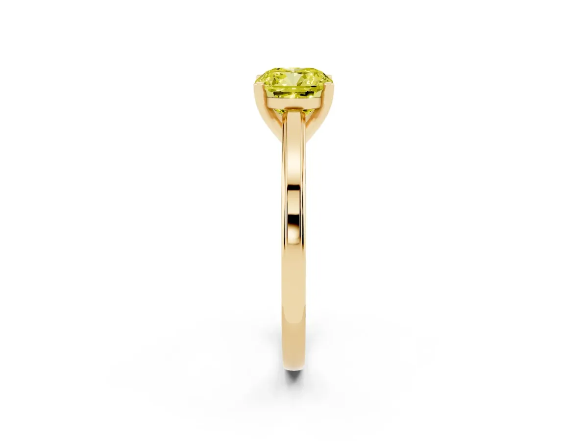 Fancy Yellow Cushion Cut Solitaire Diamond Ring with Four-Prong Setting and Classic Band Yellow gold