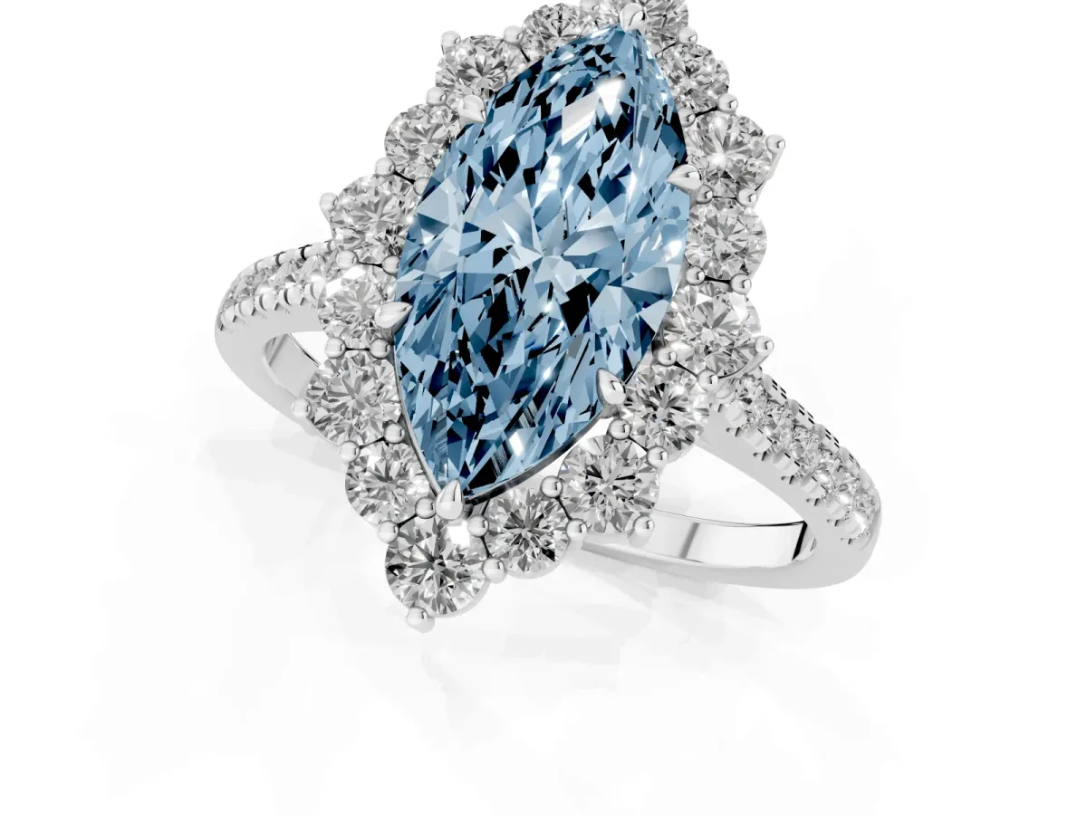 Fancy Blue Marquise Cut Halo Diamond Ring with Pavé Band and Prong Setting Platinum