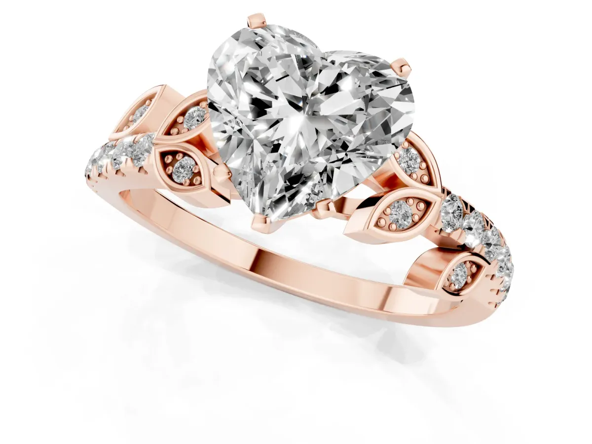 Heart Cut Solitaire Leaf-Inspired Diamond Ring with Pavé Band and Four-Prong Setting Rose gold