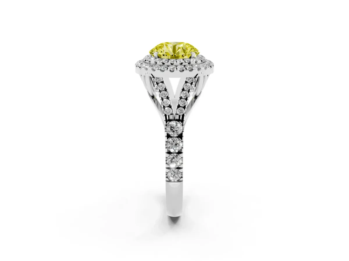 Fancy Yellow Double Halo Round Cut Diamond Split Shank Engagement Ring with Four-Prong Setting Silver