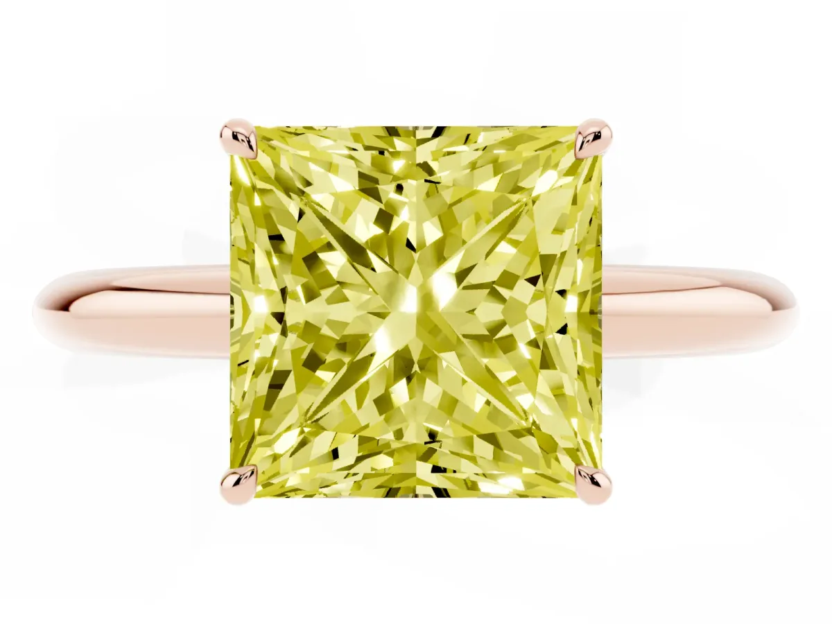 Fancy Yellow Princess Cut Brilliant Solitaire Engagement Ring with Six-Prong Setting and Classic Band Rose gold