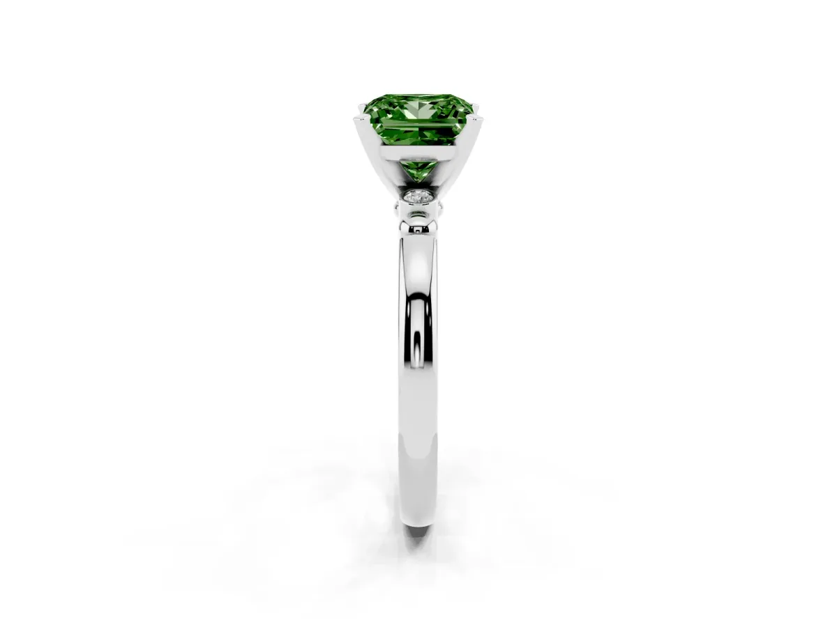Fancy Green Princess Cut Solitaire Beaded Band with Four-Prong Setting Silver