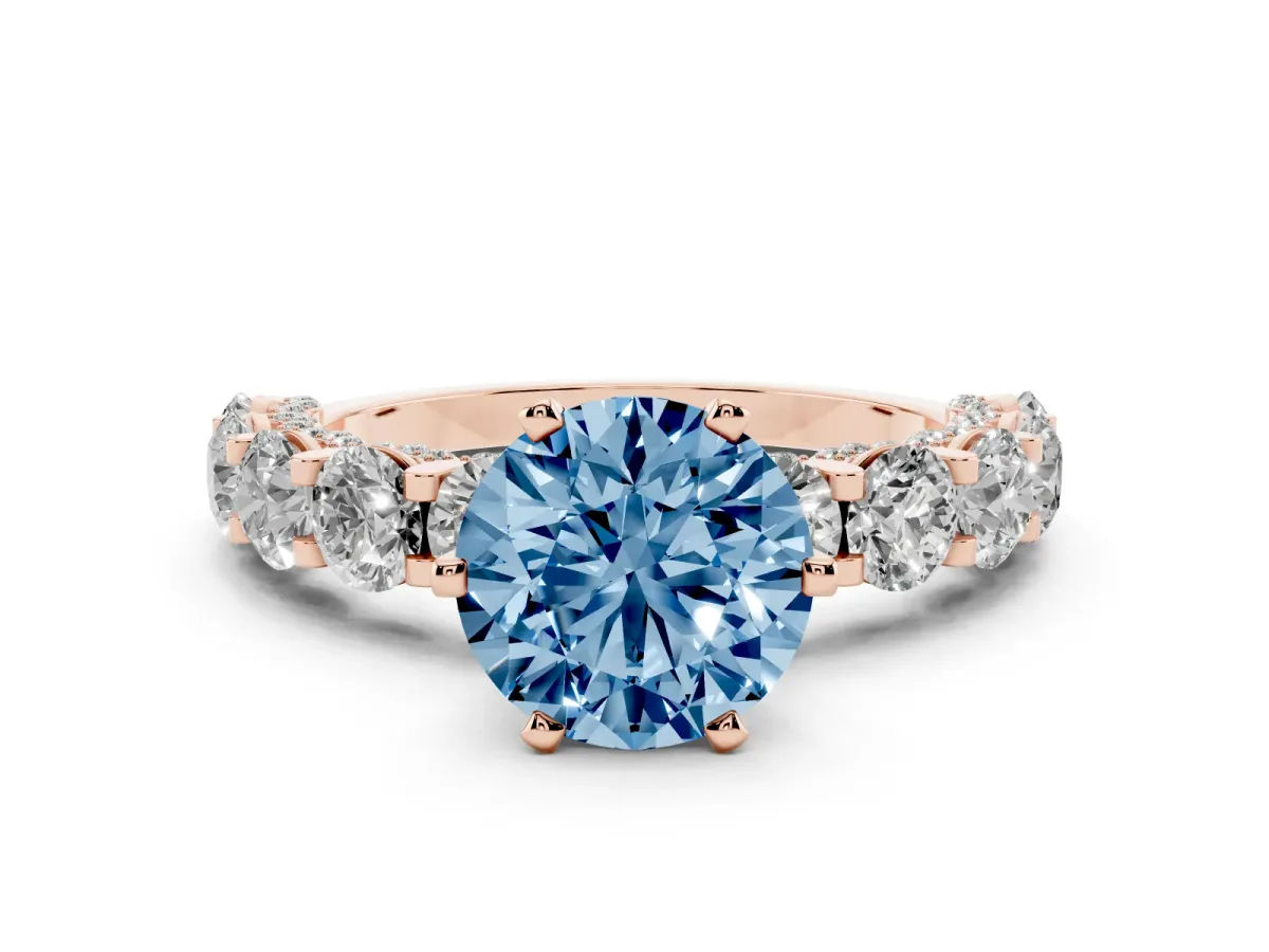 Fancy Blue Round Cut Diamond Side Stone Engagement Ring with Four-Prong Setting Rose gold