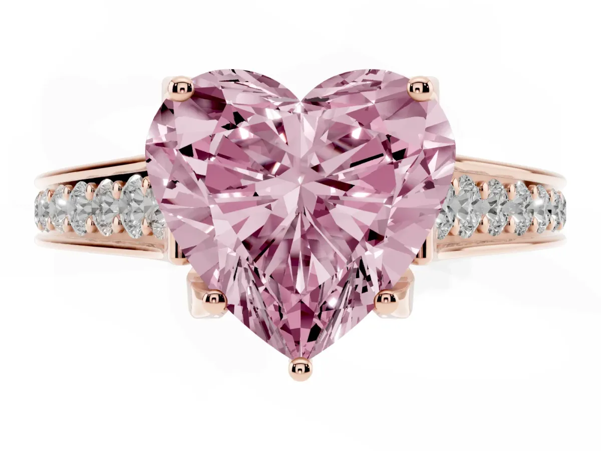 Fancy Pink Heart Cut Brilliant Cut Diamond Engagement Ring with Pavé Band and Four-Prong Setting Rose gold