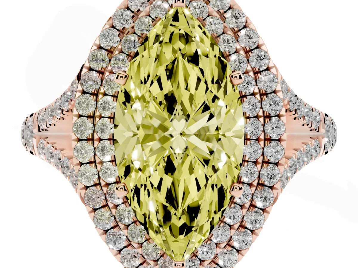 Fancy Yellow Marquise Cut Cut Double Halo Split Shank Diamond Ring with Prong Setting Rose gold