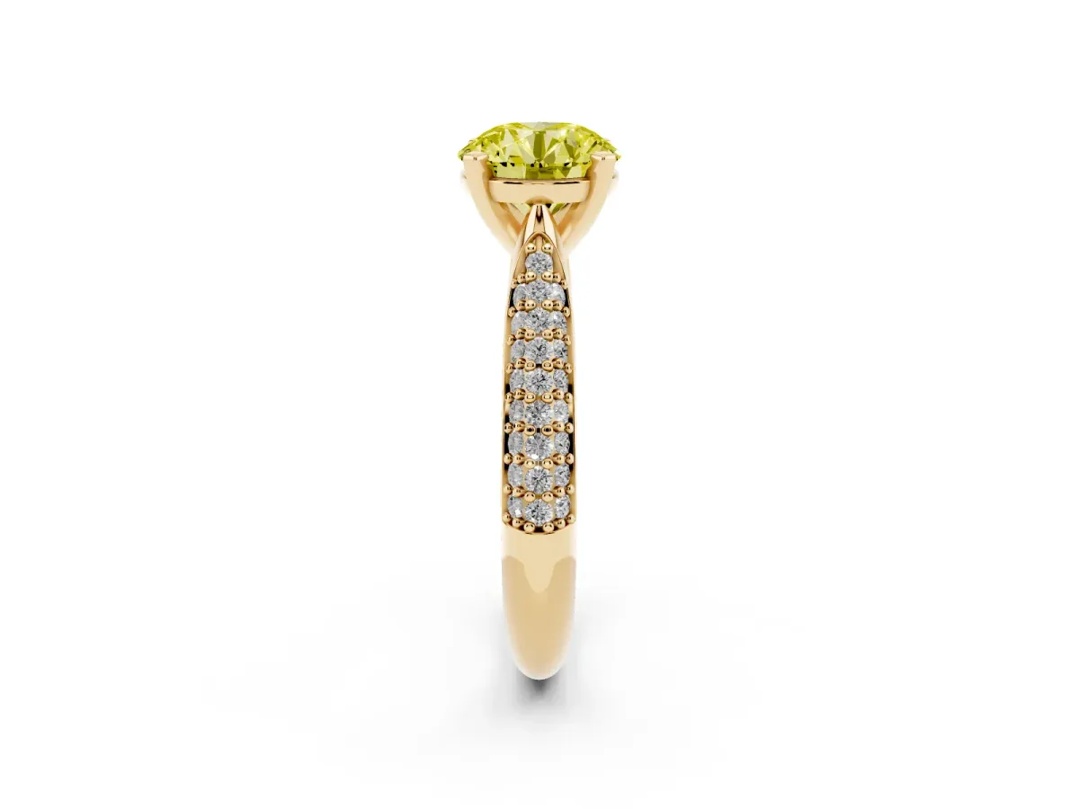 Fancy Yellow Round Cut Diamond Solitaire Engagement Ring with Multi-Row Round Pavé Band and Prong Setting Yellow gold