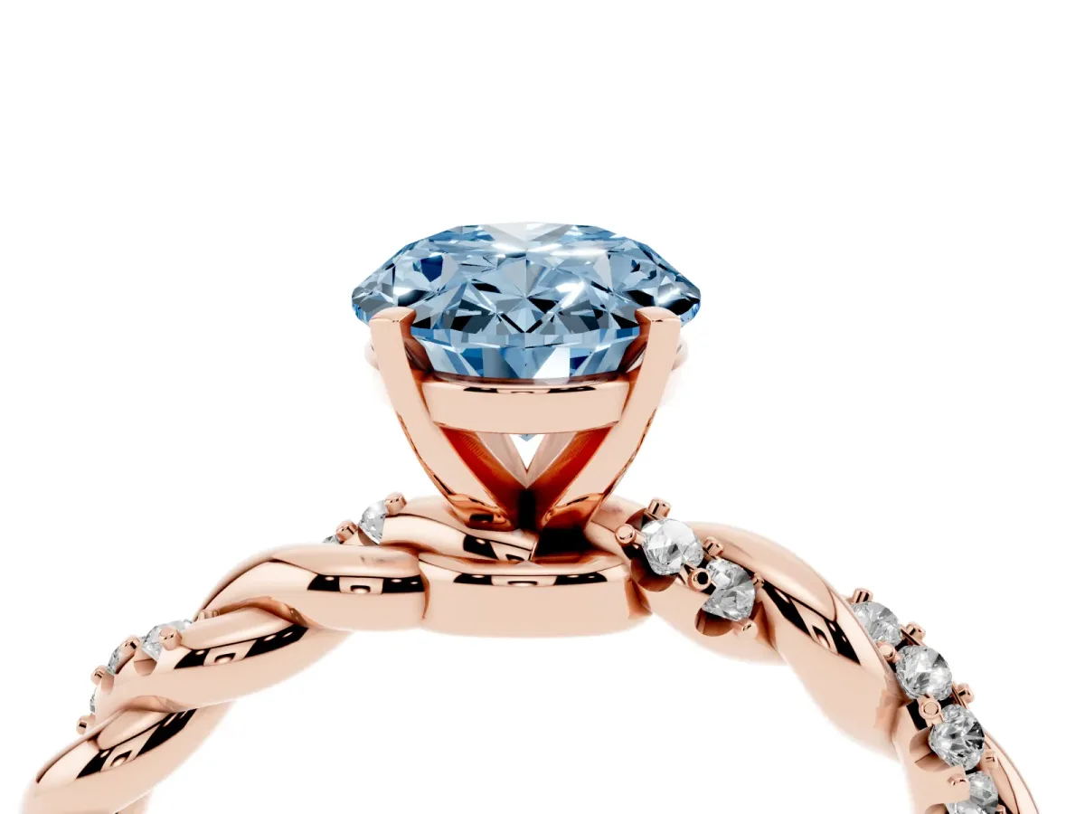 Fancy Blue Oval Cut Diamond Solitaire Ring with Twisted Band and Pavé Accents Rose gold