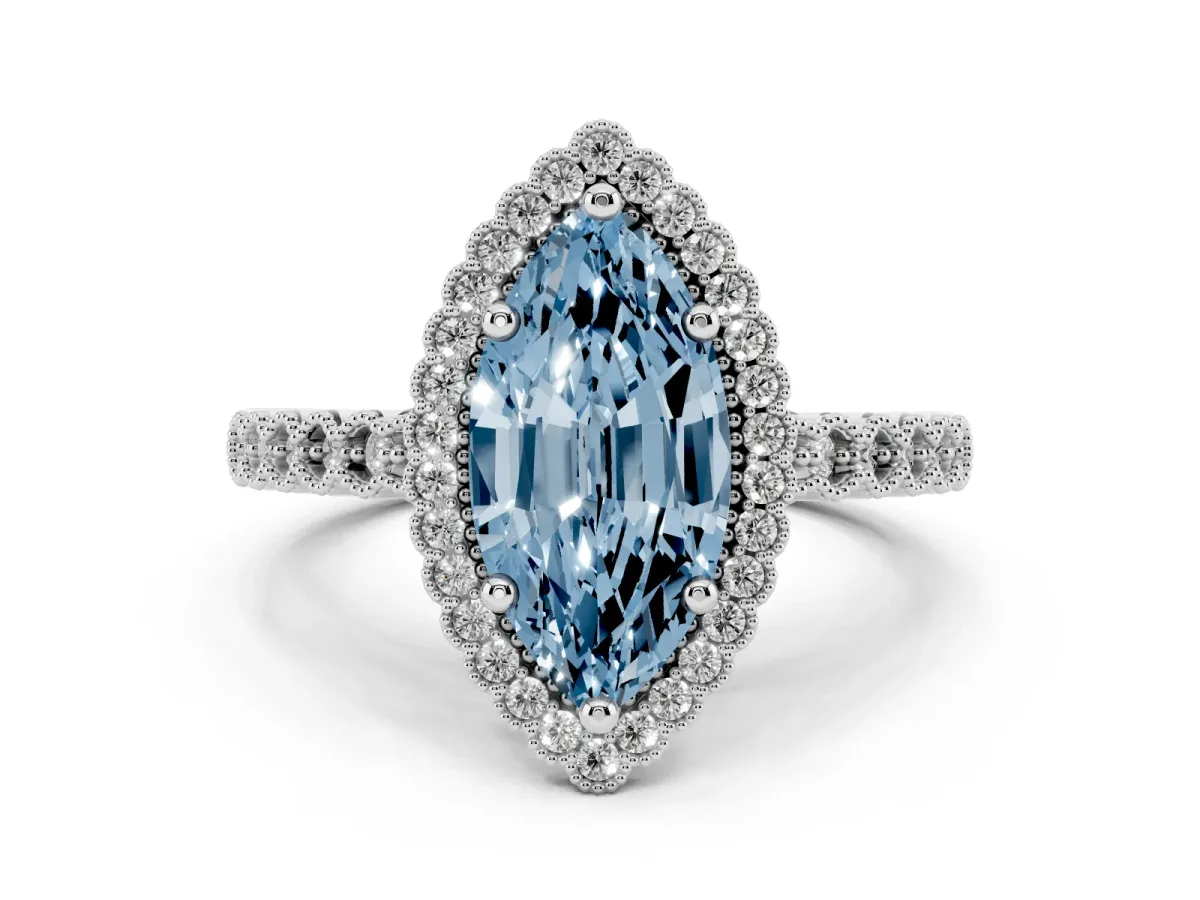 Fancy Blue Marquise Cut Cut Halo Pavé Solitaire Ring with Milgrain Band Silver