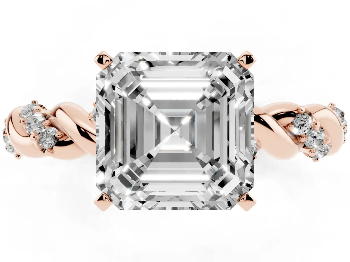 Asscher Cut Diamond Solitaire Ring with Twisted Band and Pavé Accents Rose gold
