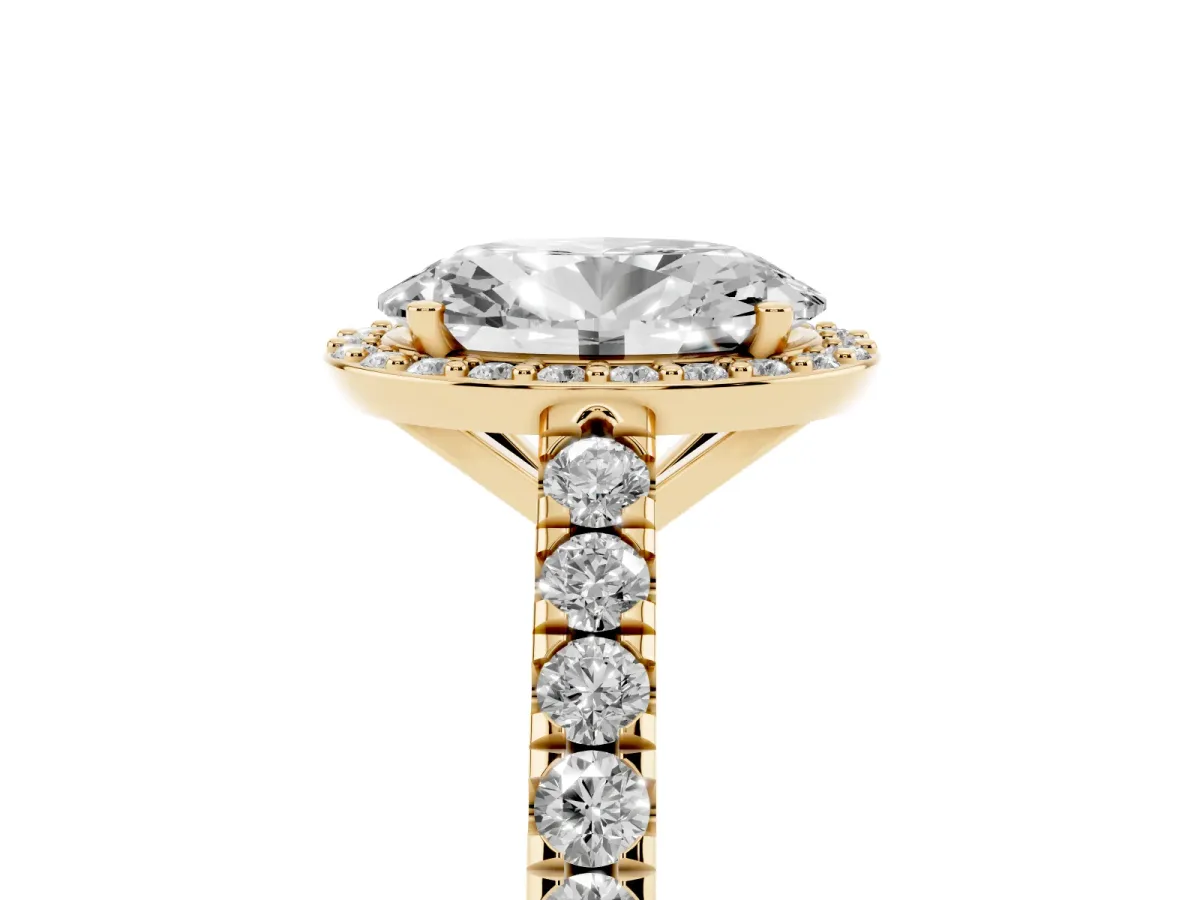 Oval Cut Cut Halo Diamond Engagement Ring with Pave Band and Four-Prong Setting Yellow gold