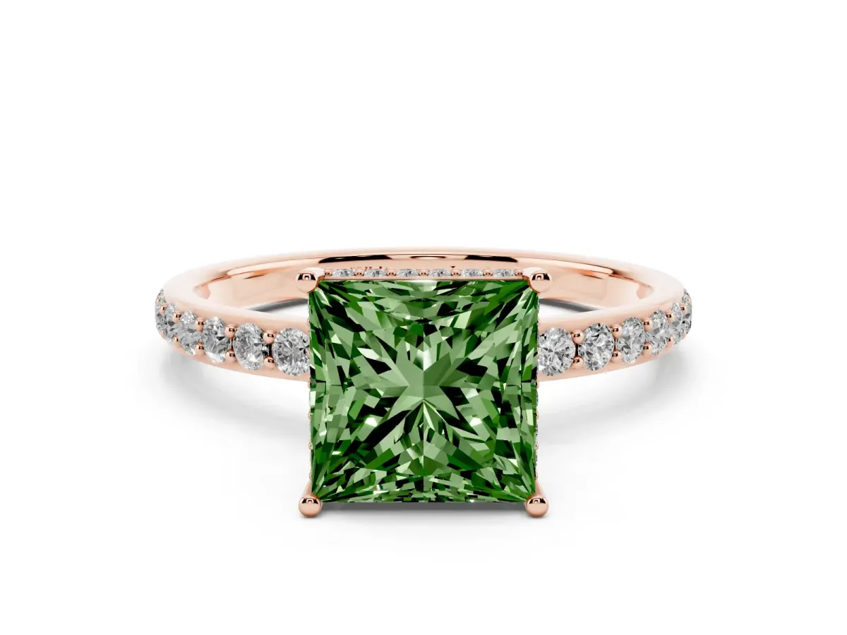 Fancy Green Princess Cut Diamond Solitaire Ring with Pavé Band and Hidden Halo Rose gold