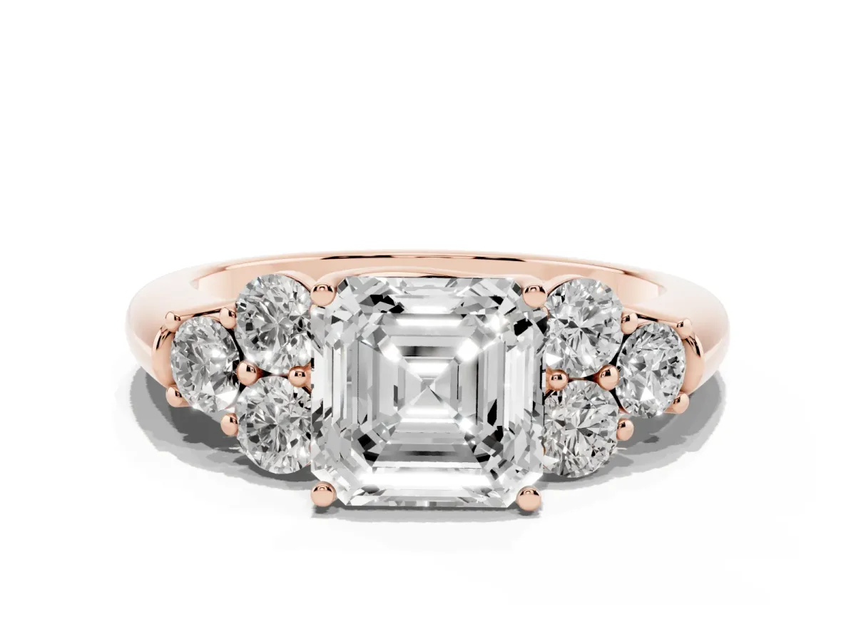 Asscher Cut Cut Diamond Cluster Ring with Round Accent Stones and Prong Setting on a Classic Band Rose gold