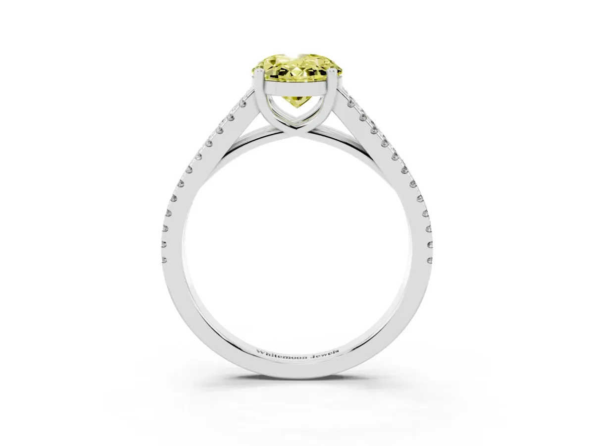 Fancy Yellow Oval Cut Diamond Solitaire Engagement Ring with Split Shank Pavé Band Platinum