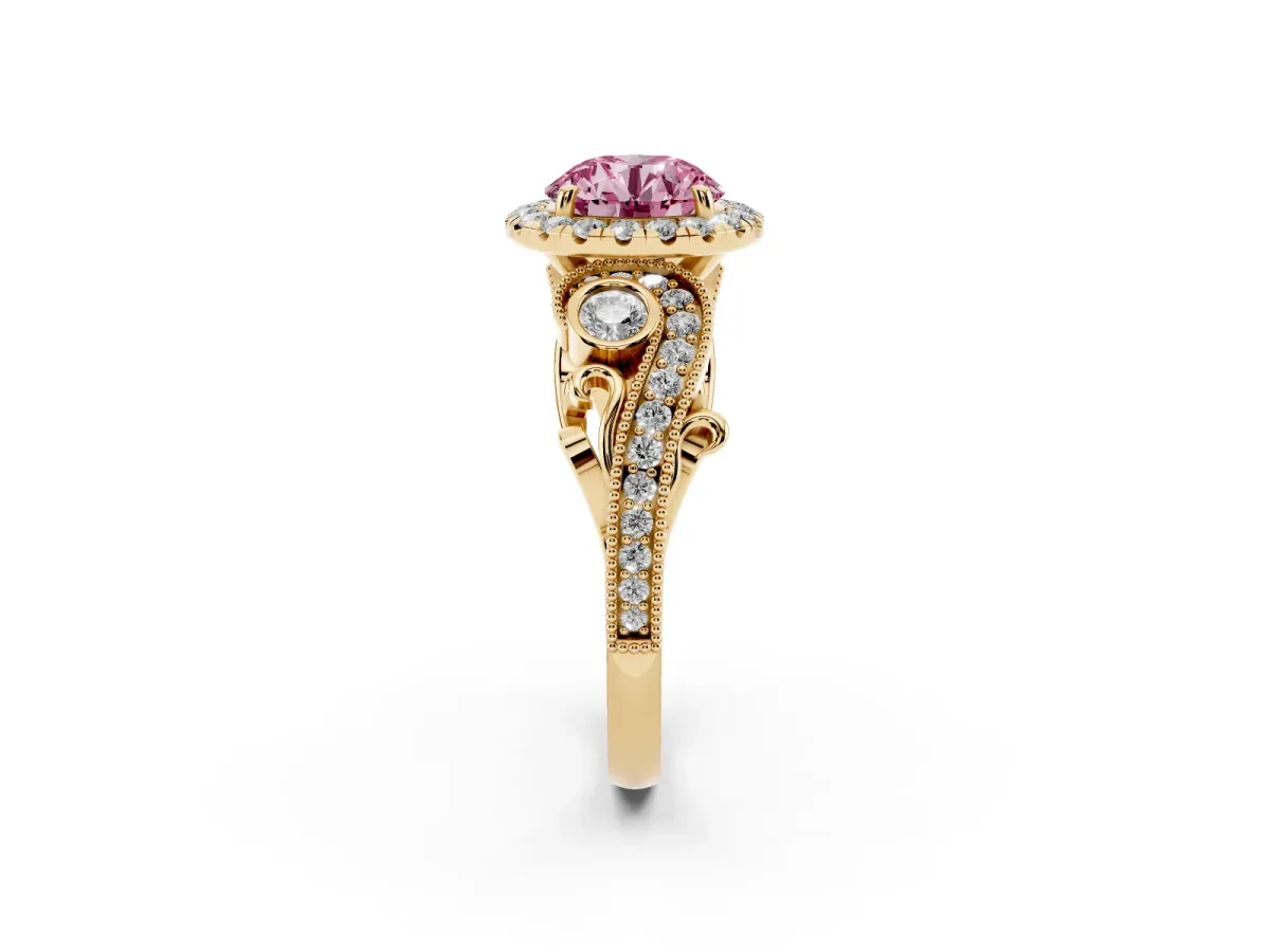 Fancy Pink Round Cut Halo Diamond Ring with Milgrain and Bezel Accents on a Split Shank Band Yellow gold