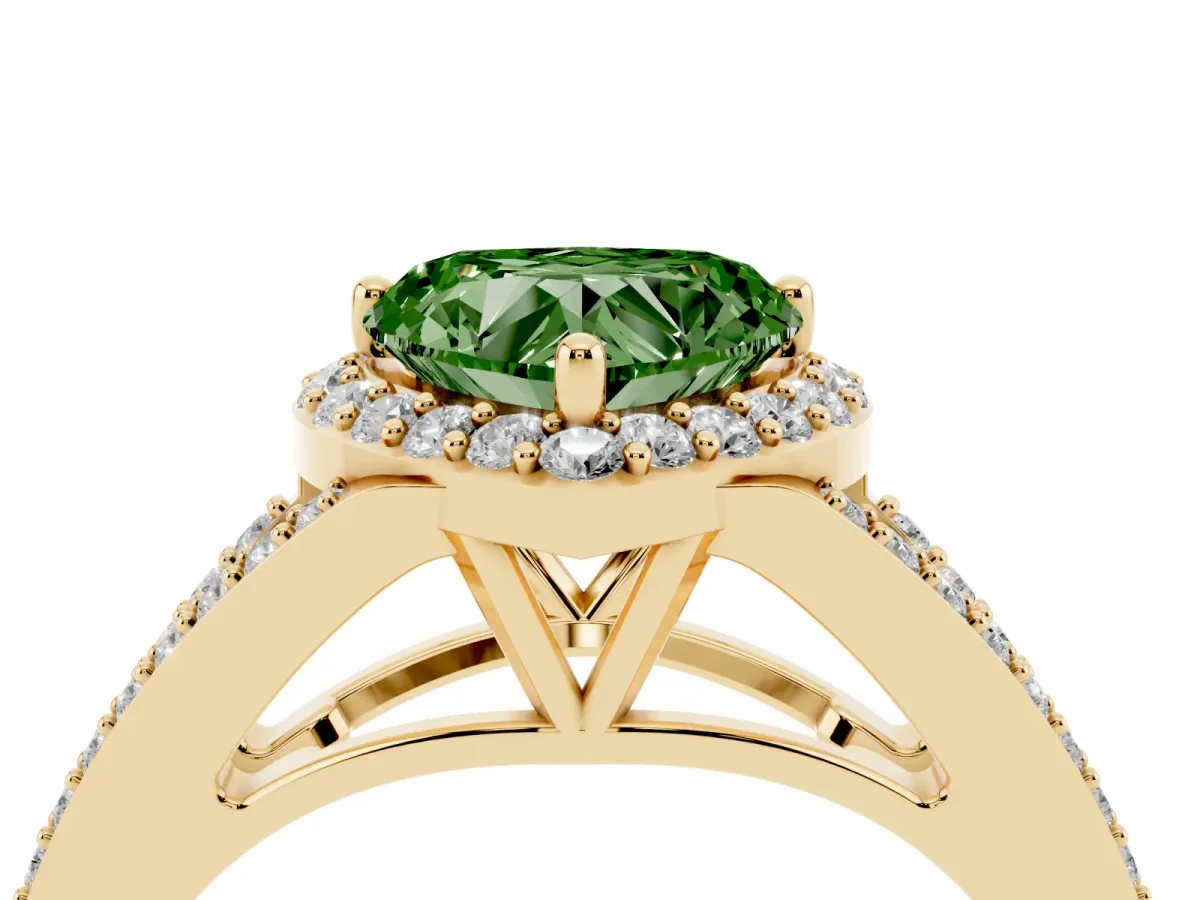 Fancy Green Heart Cut Halo Split Shank Diamond Ring with Prong Setting Yellow gold