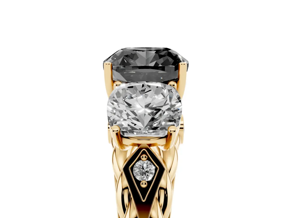 Fancy Black Three-Stone Cushion Cut Diamond Braided Band Ring with Four-Prong Setting Yellow gold