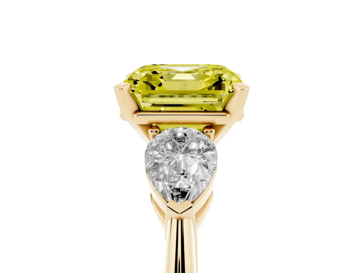 Fancy Yellow Three-Stone Asscher Cut Diamond Ring with Pear Side Stones and Four-Prong Setting Yellow gold