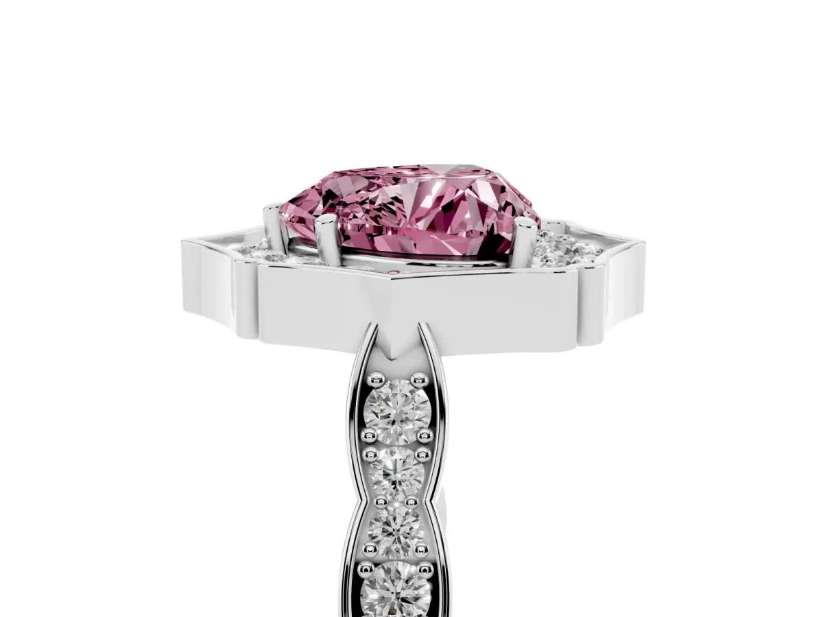 Fancy Pink Heart Cut Halo Diamond Engagement Ring with Milgrain Band and Four-Prong Setting Platinum