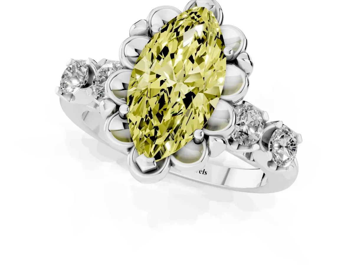 Fancy Yellow Marquise Cut Cut Diamond Floral Halo Engagement Ring with Shared Prong Setting White gold