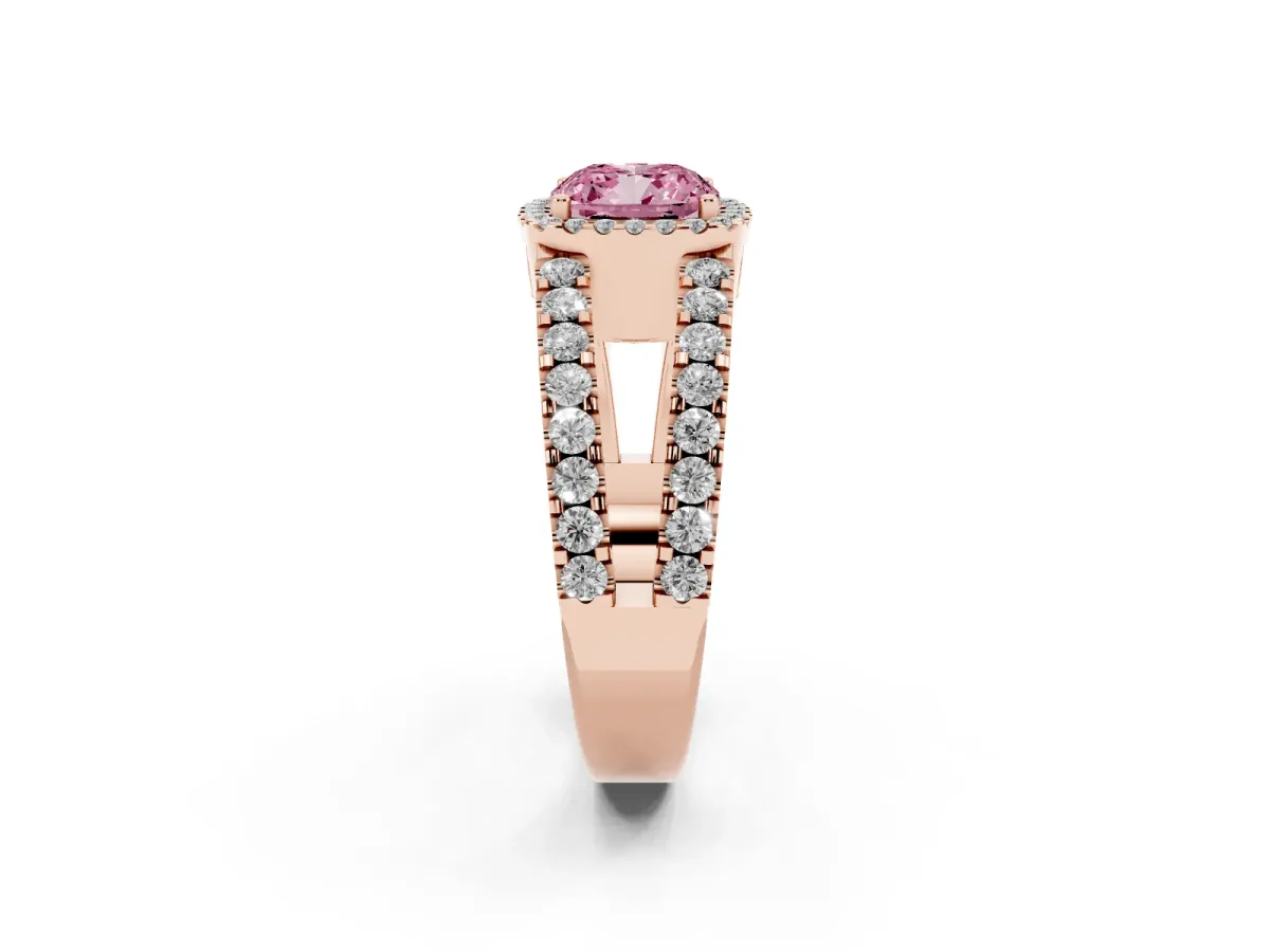 Fancy Pink Cushion Cut Cut Halo Split Shank Diamond Ring with Four-Prong Setting Rose gold