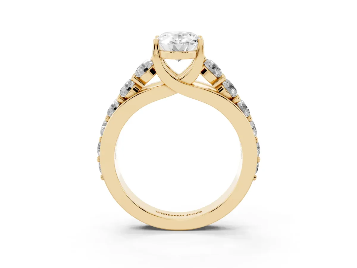 Oval Cut Diamond Engagement Ring with Pavé Band and Four-Prong Setting Yellow gold