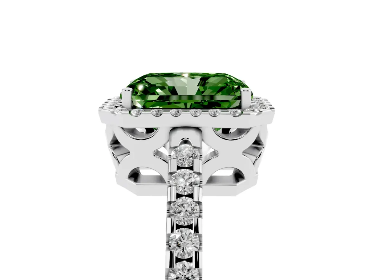Fancy Green Radiant Cut Diamond Halo Engagement Ring with Pavé Band and Prong Setting Platinum