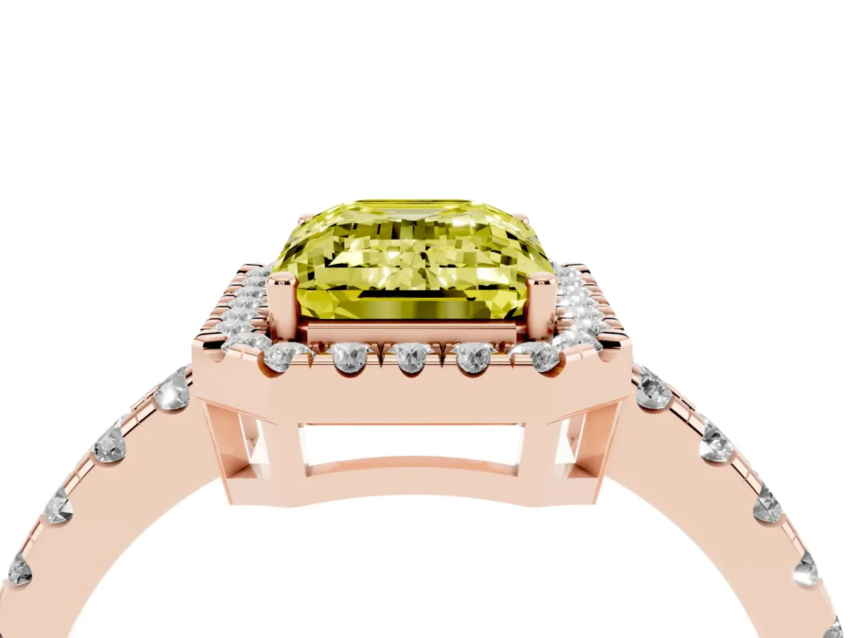 Fancy Yellow Emerald Cut Diamond Halo Ring with Pavé Band and Four-Prong Setting Rose gold
