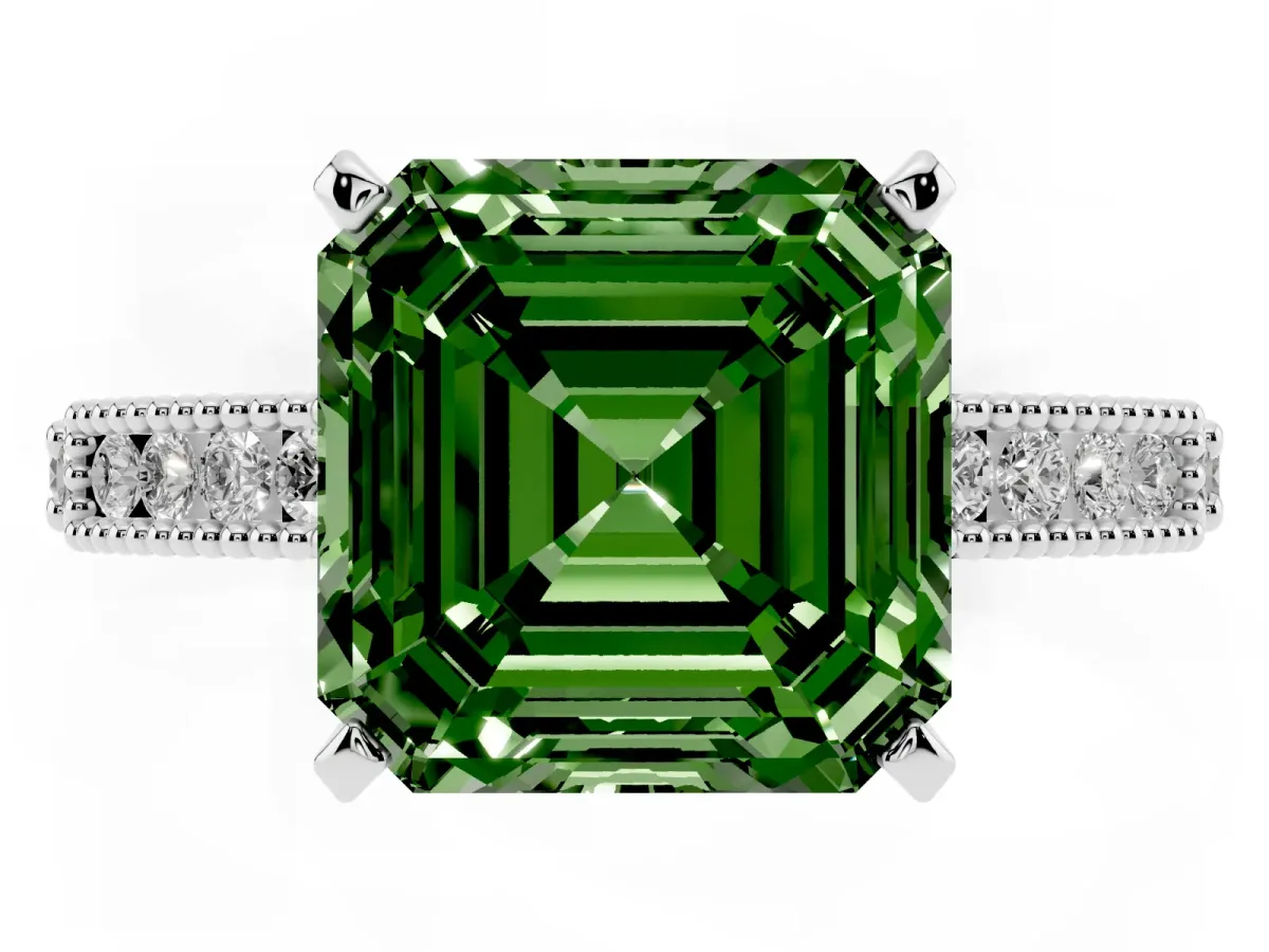 Fancy Green Asscher Cut Solitaire with Pavé Band and Four-Prong Setting Silver