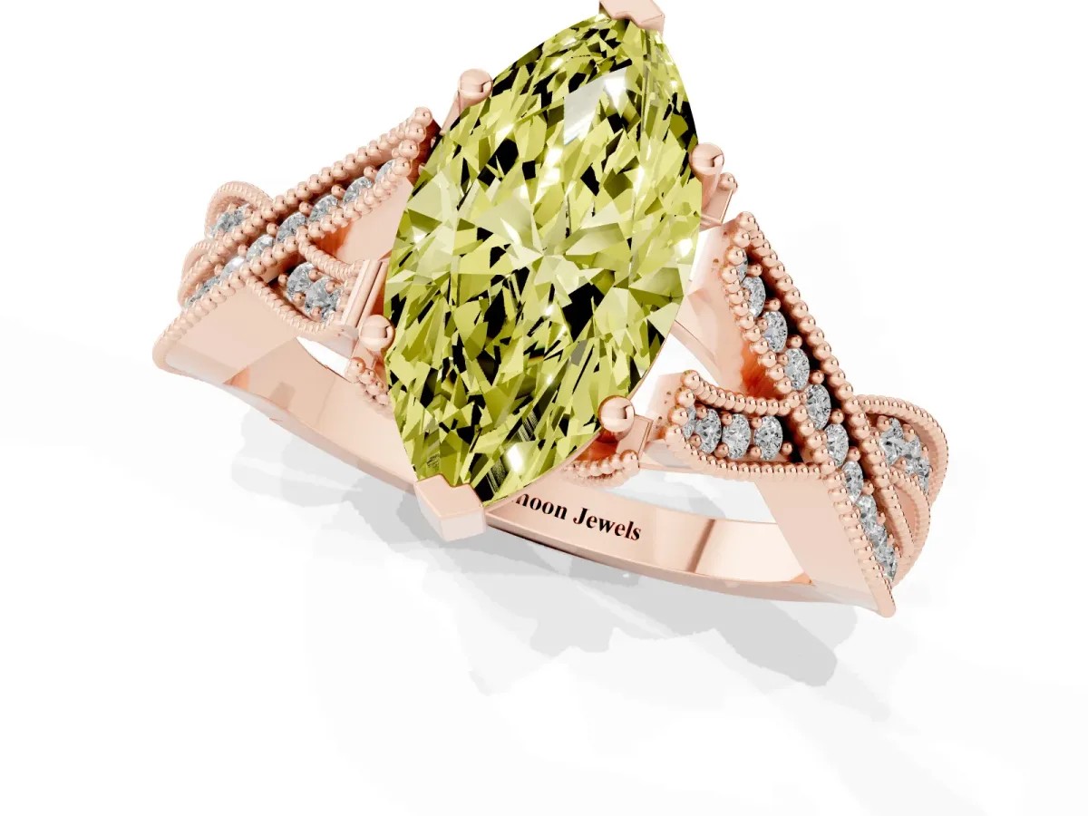 Fancy Yellow Marquise Cut Cut Diamond Twisted Band with Milgrain Pave Setting and Four-Prong Setting Rose gold