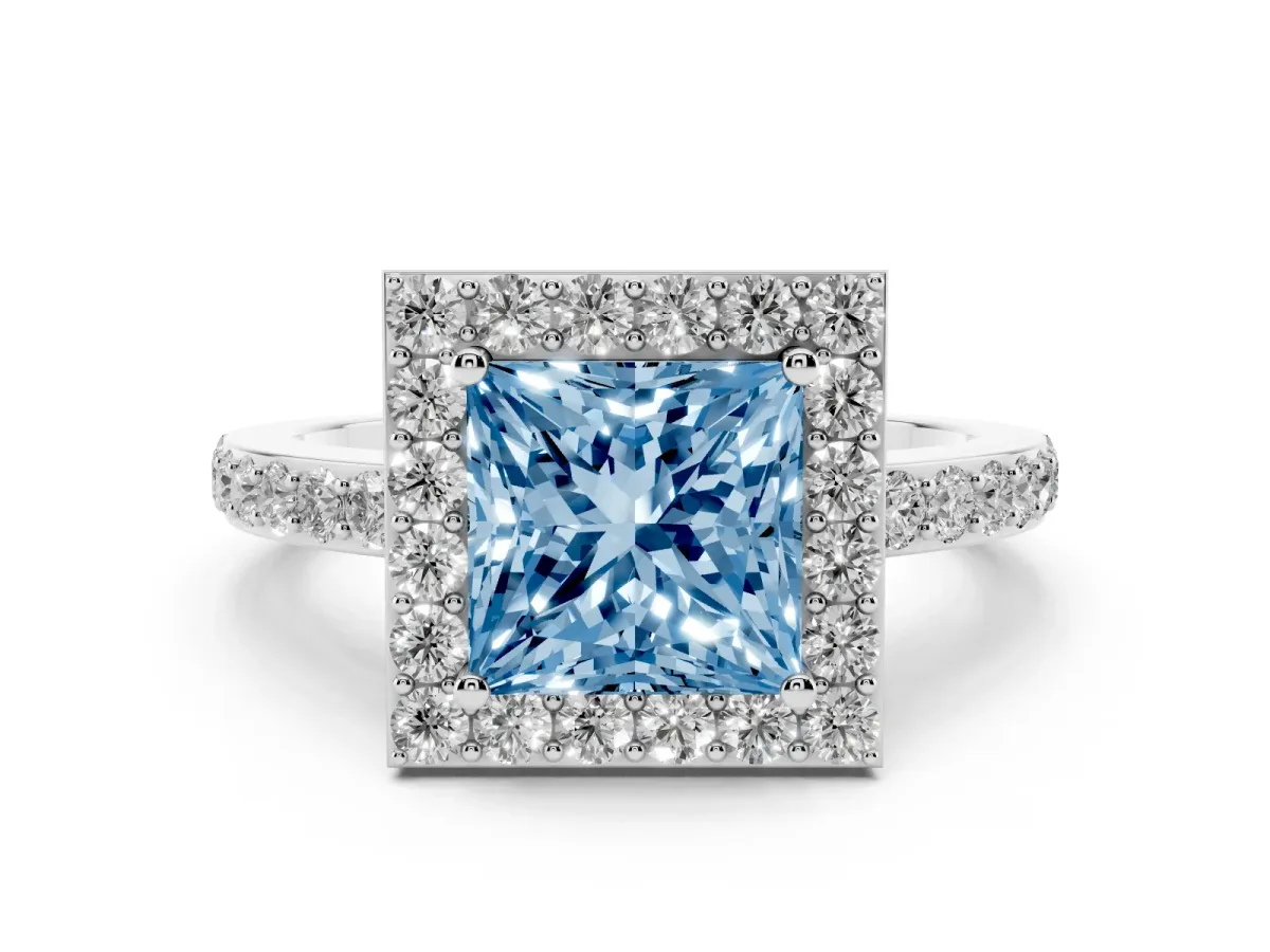 Fancy Blue Princess Cut Halo Diamond Pavé Band Ring with Prong Setting Silver