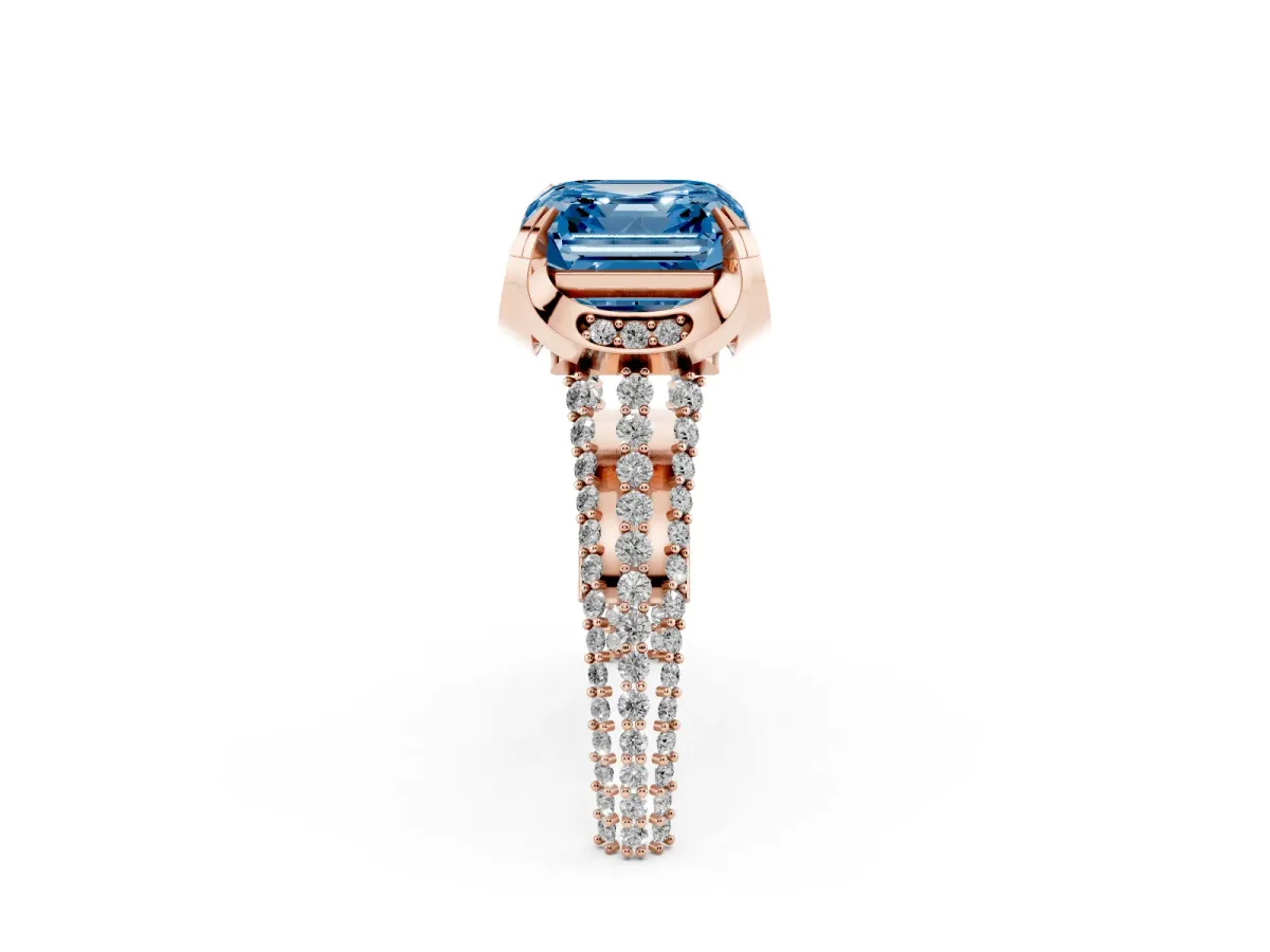 Fancy Blue Asscher Cut Solitaire Pave Split Shank Ring with Four-Prong Setting Rose gold