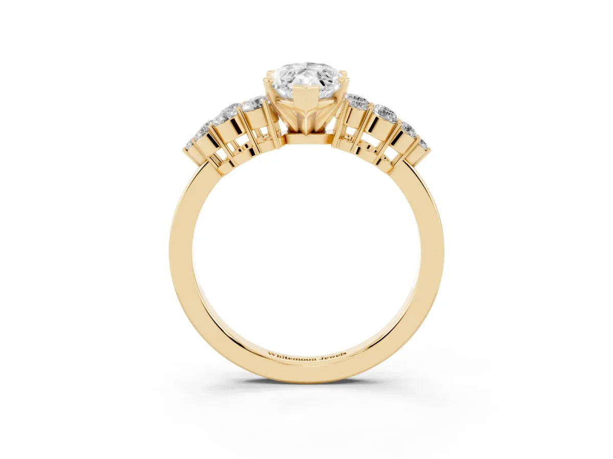 Marquise Cut Cluster Diamond Engagement Ring with Pavé Band and Four-Prong Setting Yellow gold
