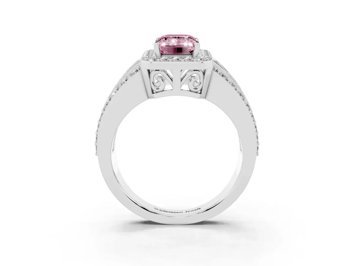 Fancy Pink Emerald Cut Halo Diamond Ring with Round Split Shank and Prong Setting White gold