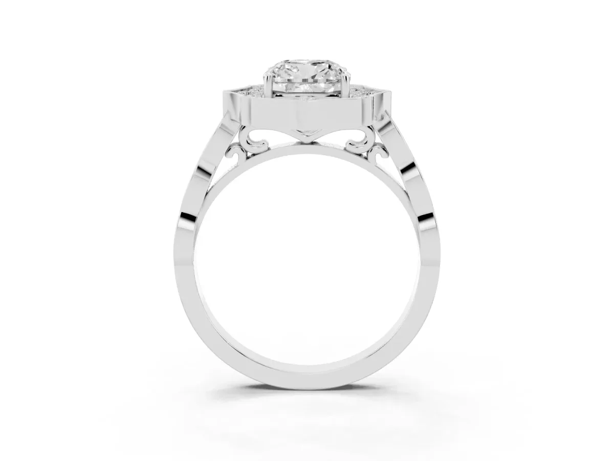Cushion Cut Halo Diamond Engagement Ring with Milgrain Band and Four-Prong Setting Silver