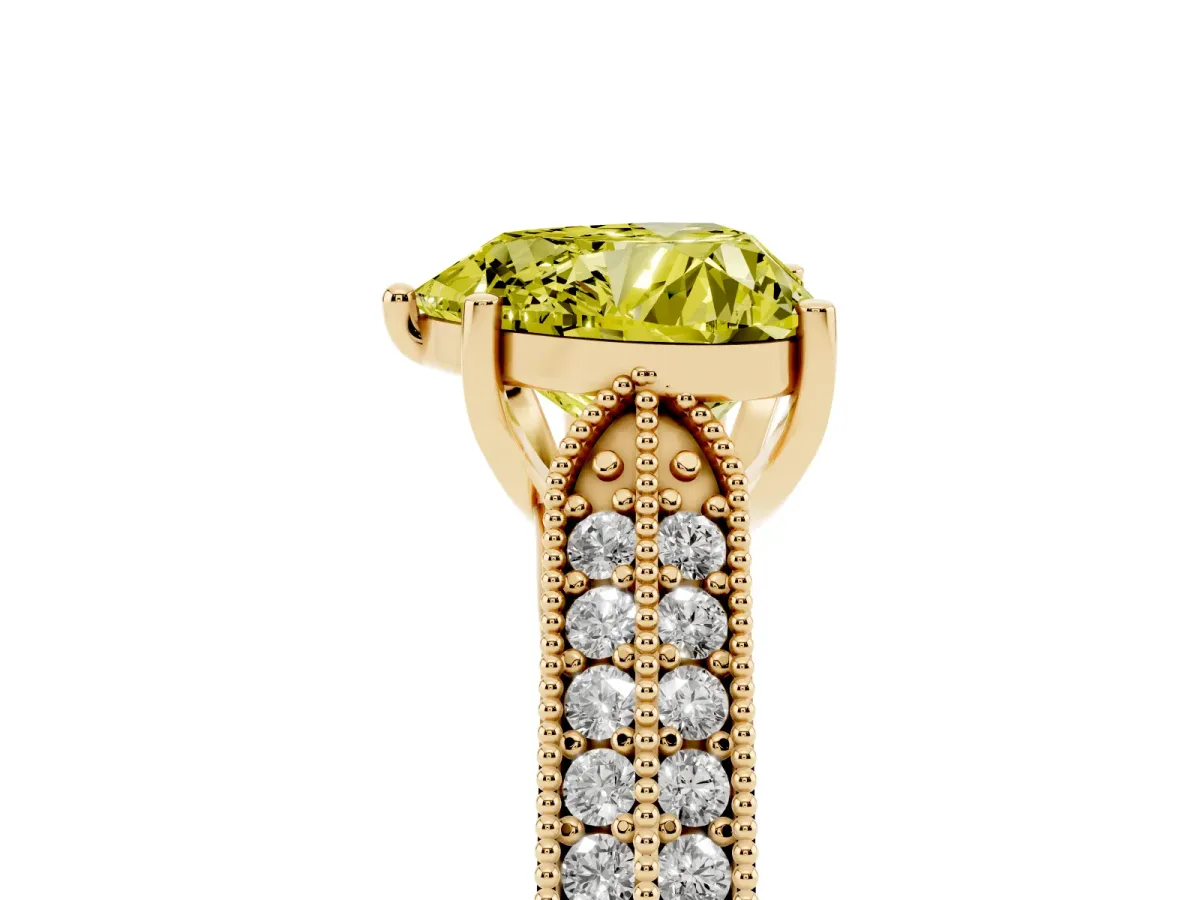 Fancy Yellow Heart Cut Cut Pave Split Shank Engagement Ring with Four-Prong Setting Yellow gold