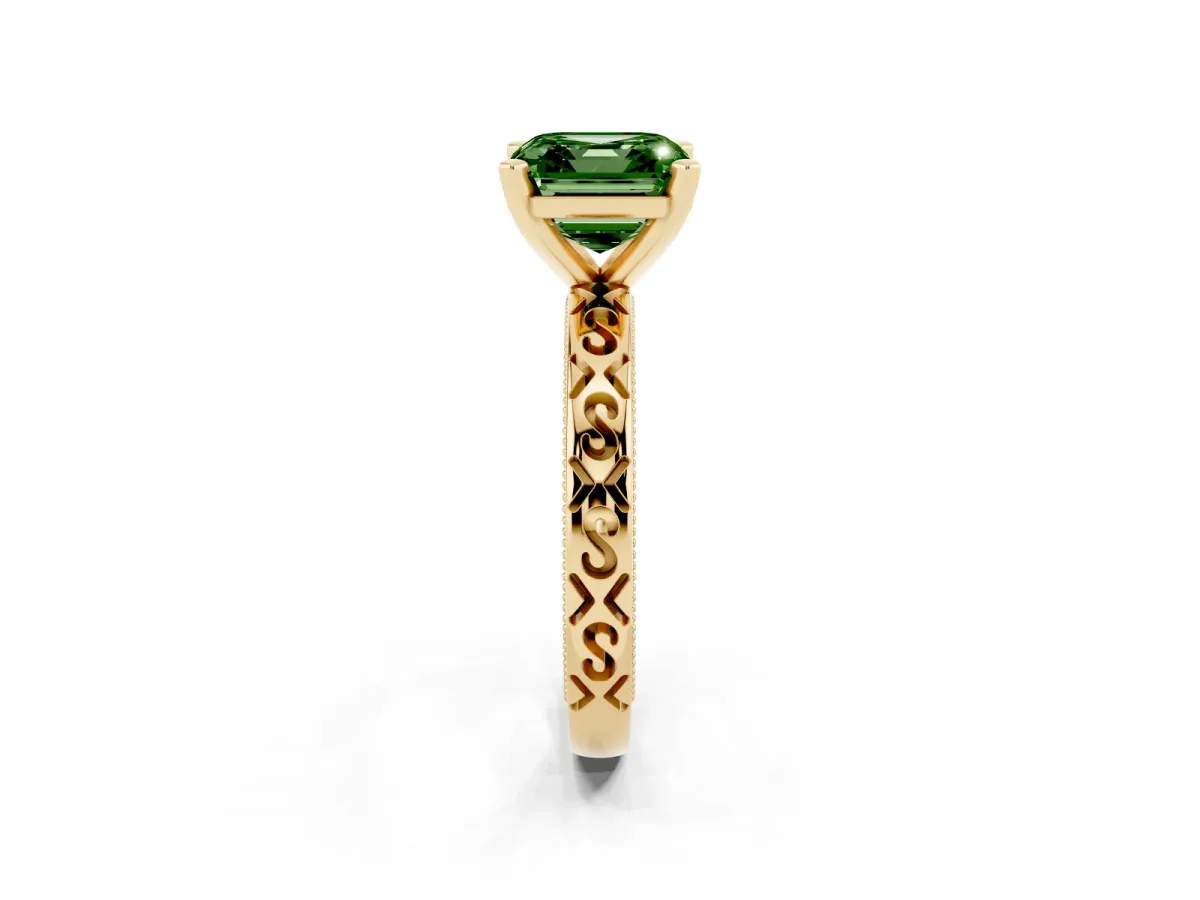 Fancy Green Asscher Cut Solitaire Engagement Ring with Scrollwork Band and Four-Prong Setting Yellow gold