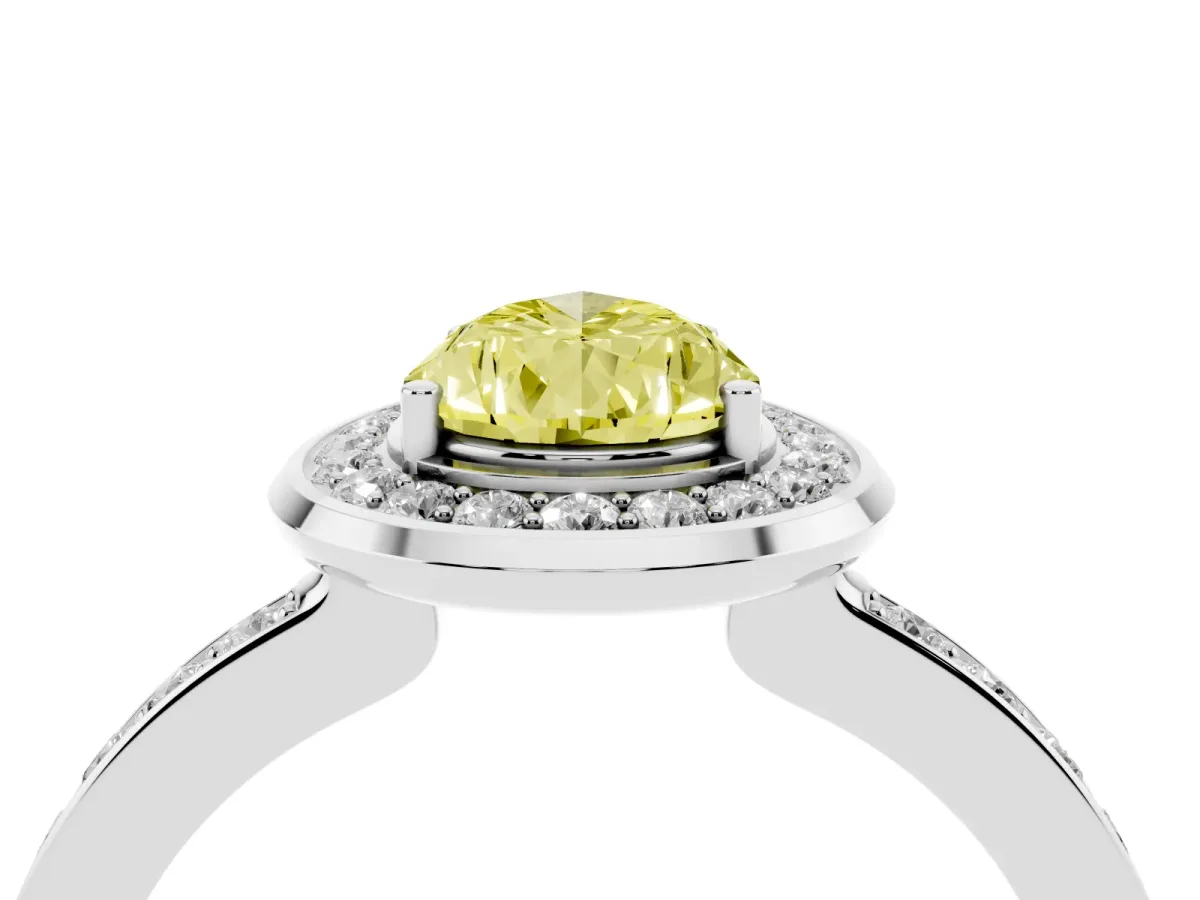 Fancy Yellow Pear Cut Diamond Halo Ring with Bezel Frame and Pavé Band Silver