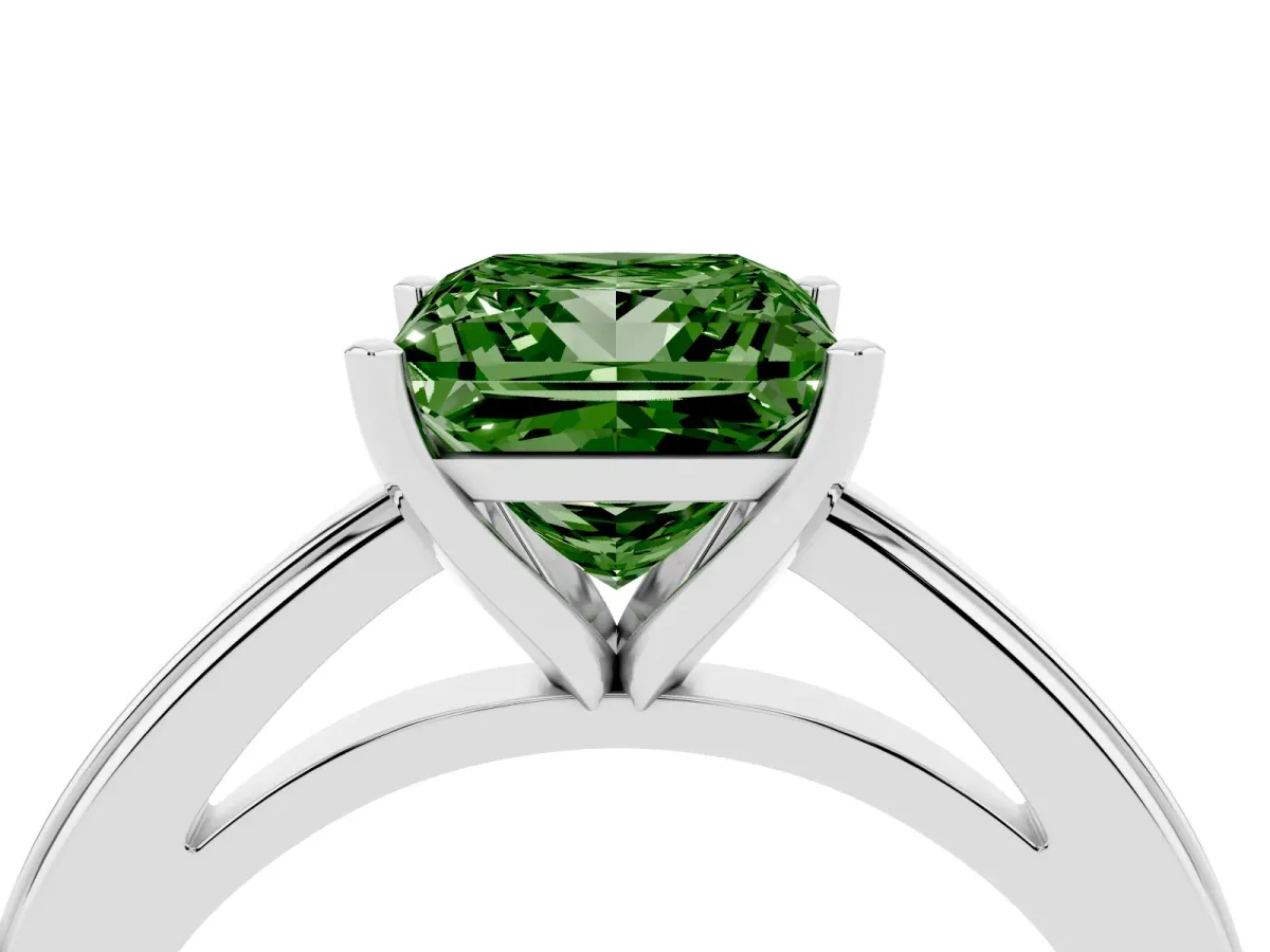 Fancy Green Princess Cut Solitaire Diamond Ring with Four-Prong Setting and Classic Band Platinum