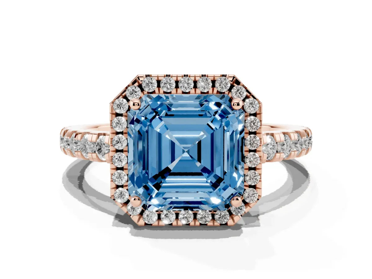 Fancy Blue Asscher Cut Diamond Halo Ring with Pavé Band and Four-Prong Setting Rose gold