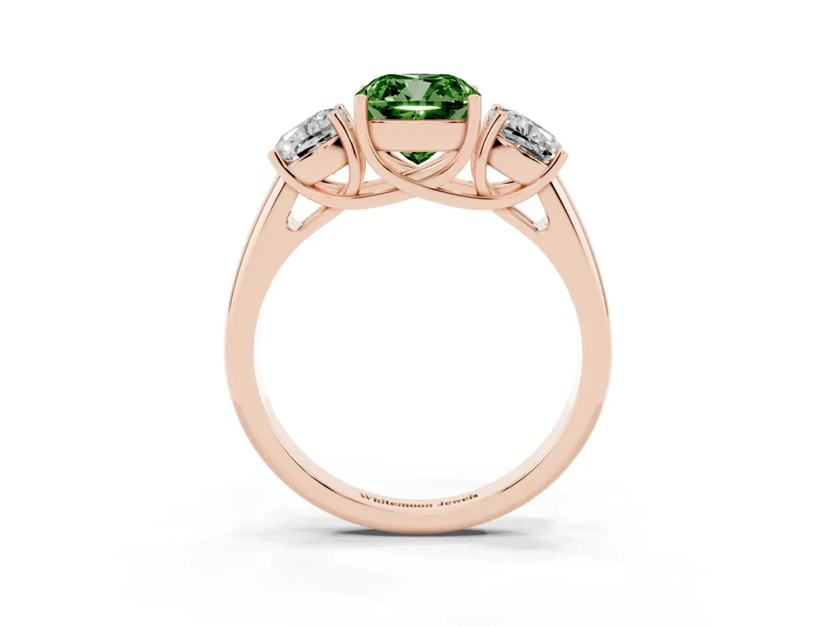 Fancy Green Three-Stone Cushion Cut Diamond Engagement Ring with Prong Setting Rose gold