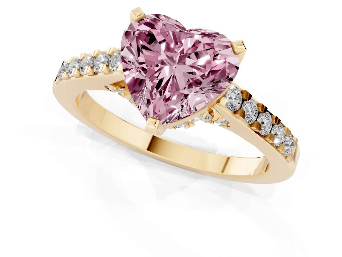 Fancy Pink Heart Cut Diamond Solitaire Ring with Crossover Gallery and Round Pavé Band Yellow gold